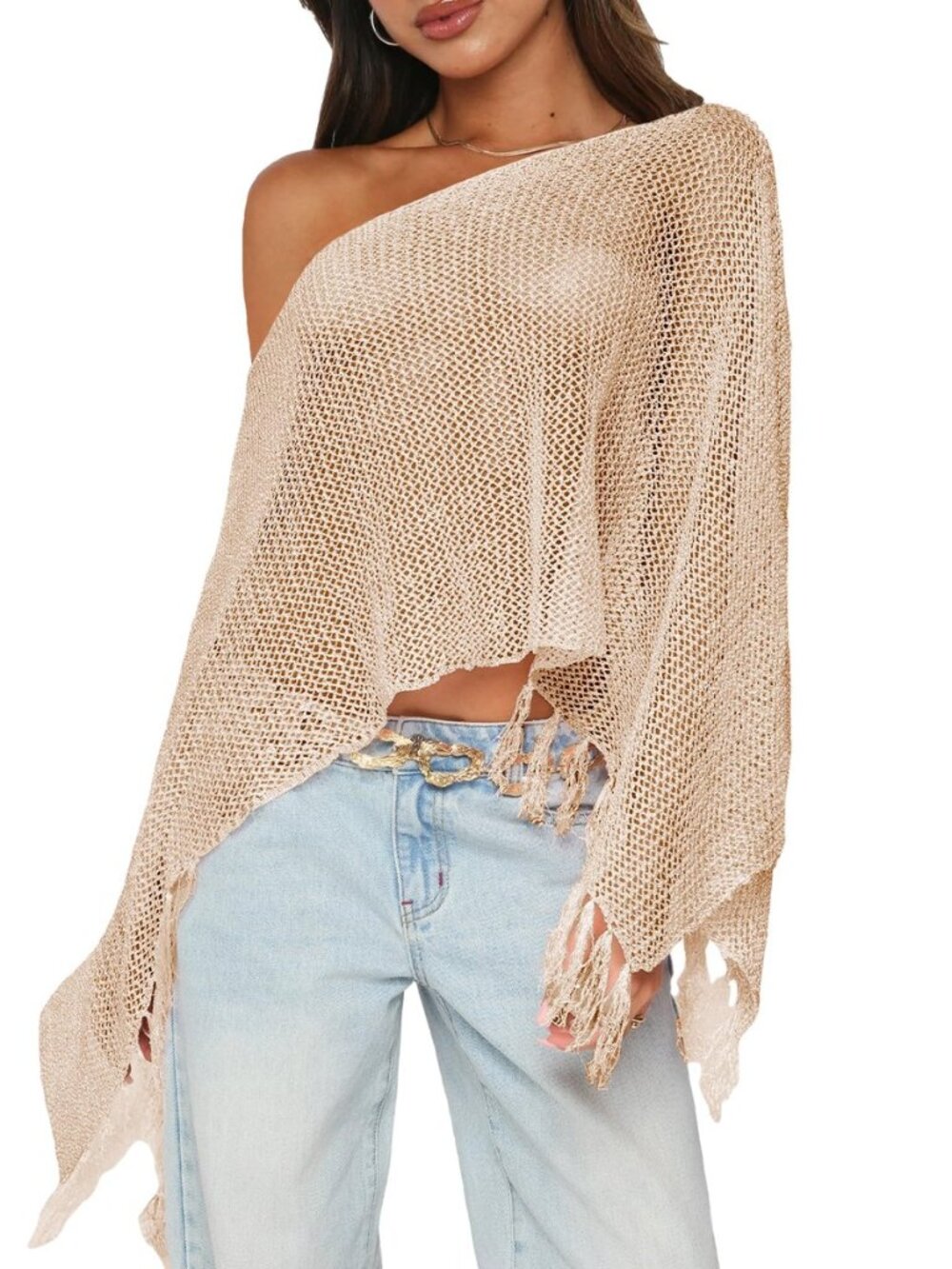 Womens Sheer Knit Fringe Poncho Top Light Crochet Sequin Poncho Shawl